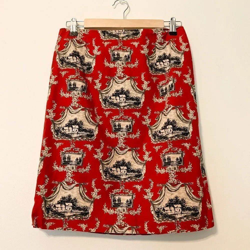 Talbots Red Tan Toile 100% Cotton Pencil Skirt Size 8